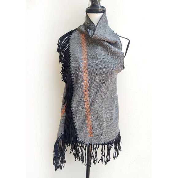 Summer Romero Convertible Fringe Vest/Shawl One Size Gray Black Embroidered - Picture 3 of 12
